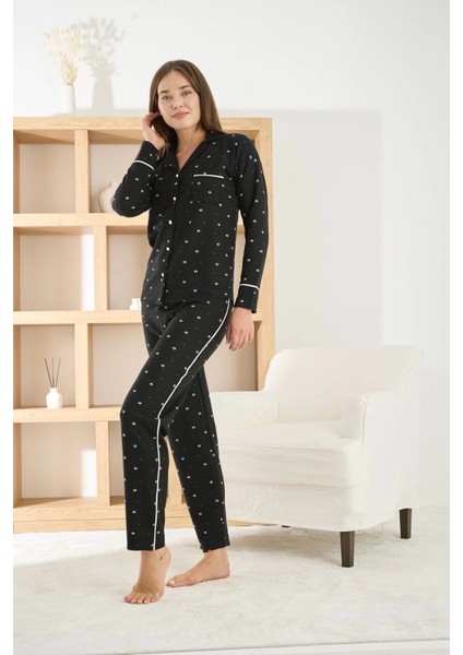 Kadın Petek Kumaş Önü Düğmeli Siyah Pijama Takımı - 8950 modelleri