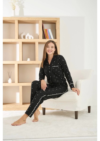 Kadın Petek Kumaş Önü Düğmeli Siyah Pijama Takımı - 8950 fırsatları