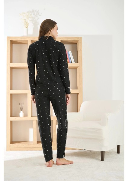 Kadın Petek Kumaş Önü Düğmeli Siyah Pijama Takımı - 8950 indirimleri