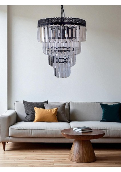 Alvina 3’lü Avize – Siyah Metal, 4 Katlı Tabut Kristal Taşlı Lüks Avize | E27 Uyumlu, Yerli Üretim