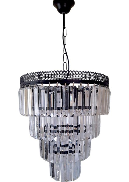 Alvina 3’lü Avize – Siyah Metal, 4 Katlı Tabut Kristal Taşlı Lüks Avize | E27 Uyumlu, Yerli Üretim modelleri