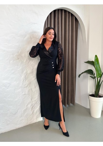 Kadın Büyük Beden Kruvaze Saten Yaka Düğme Detaylı Uzun Kol Yırtmaçlı Esnek Uzun Abiye 24175 fiyatları