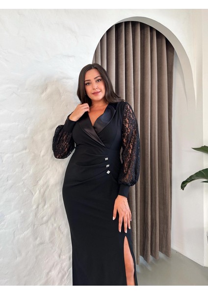 Kadın Büyük Beden Kruvaze Saten Yaka Düğme Detaylı Uzun Kol Yırtmaçlı Esnek Uzun Abiye 24175 fırsatları