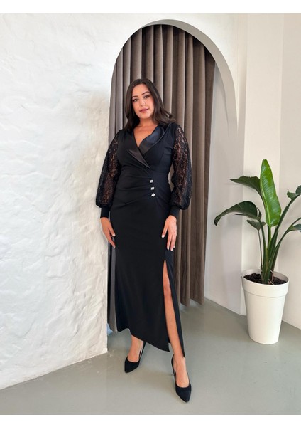 Kadın Büyük Beden Kruvaze Saten Yaka Düğme Detaylı Uzun Kol Yırtmaçlı Esnek Uzun Abiye 24175 indirimleri