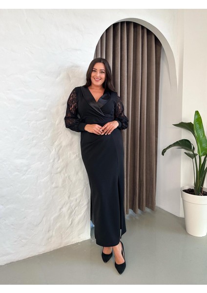 Kadın Büyük Beden Kruvaze Saten Yaka Düğme Detaylı Uzun Kol Yırtmaçlı Esnek Uzun Abiye 24175