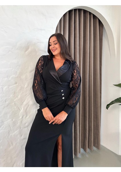 Kadın Büyük Beden Kruvaze Saten Yaka Düğme Detaylı Uzun Kol Yırtmaçlı Esnek Uzun Abiye 24175