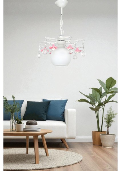 Güllü Şirin Tekli Avize – Beyaz Metal, 6 Kollu, Pembe Güllü, Kristal Taşlı ve Yaprak Detaylı | Yerli Üretim, E27 Uyumlu fiyatları