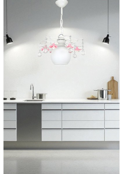 Güllü Şirin Tekli Avize – Beyaz Metal, 6 Kollu, Pembe Güllü, Kristal Taşlı ve Yaprak Detaylı | Yerli Üretim, E27 Uyumlu modelleri