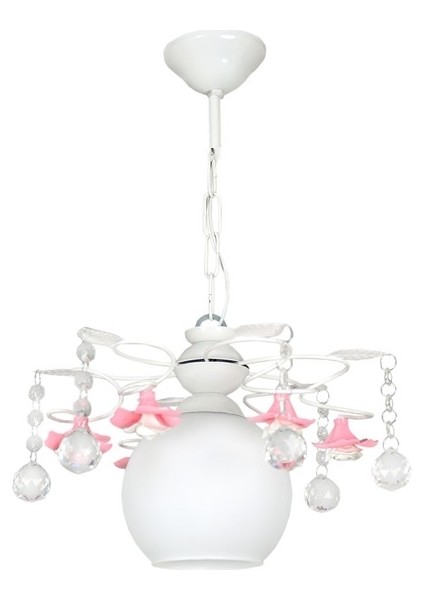 Güllü Şirin Tekli Avize – Beyaz Metal, 6 Kollu, Pembe Güllü, Kristal Taşlı ve Yaprak Detaylı | Yerli Üretim, E27 Uyumlu