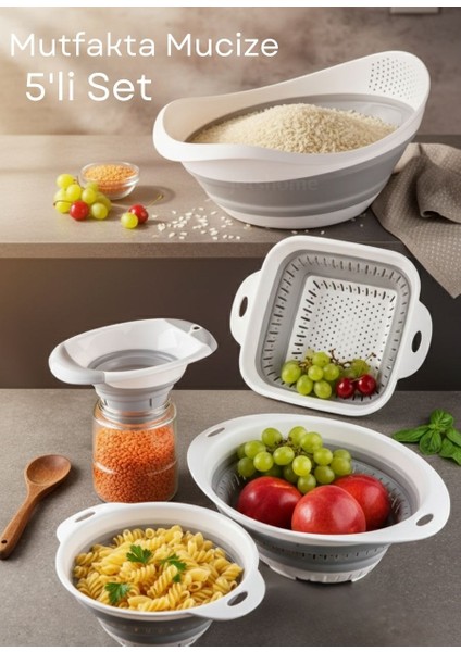 Çeyizlik 5’li Katlanır Süzgeç Seti – Pratik, Yer Tasarruflu Akordiyon Tasarım