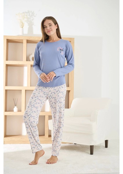 Kadın Berlin Kumaş Bisiklet Yaka Mavi Pijama Takımı - 8811