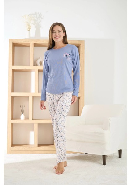 Kadın Berlin Kumaş Bisiklet Yaka Mavi Pijama Takımı - 8811 fiyatları