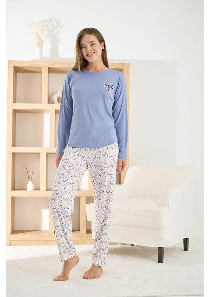 Kadın Berlin Kumaş Bisiklet Yaka Mavi Pijama Takımı - 8811 modelleri