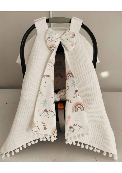 Beygebaby Beyaz Gökkuşaklı %100 Pamuk Müslin Kumaştan Çok Amaçlı Pamuk Puset Örtüsü & Minderi (2li Takım)