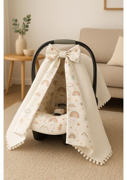 Beygebaby Beyaz Gökkuşaklı %100 Pamuk Müslin Kumaştan Çok Amaçlı Pamuk Puset Örtüsü & Minderi (2li Takım) modelleri