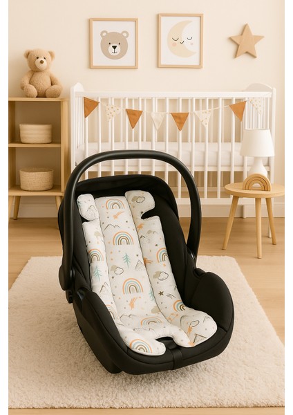 Beygebaby Beyaz Gökkuşaklı %100 Pamuk Müslin Kumaştan Çok Amaçlı Pamuk Puset Örtüsü & Minderi (2li Takım) indirimleri