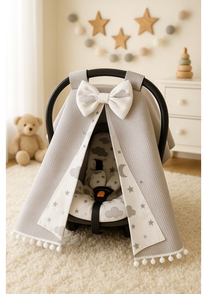 Beygebaby Gri Bulutlu %100 Pamuk Müslin Kumaştan Çok Amaçlı Pamuk Puset Örtüsü & Minderi (2li Takım)