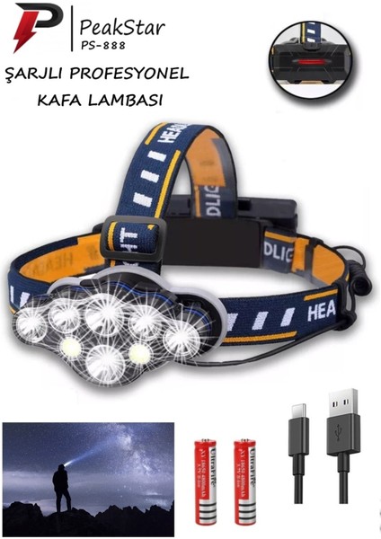 PS-888 Güçlü USB Şarj Edilebilir Profesyonel 8 Modlu 6000 Lümen 8 LED Su Geçirmez Kafa Lambası