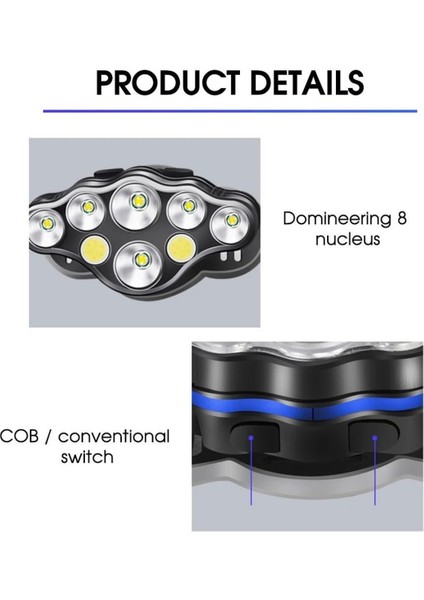 PS-888 Güçlü USB Şarj Edilebilir Profesyonel 8 Modlu 6000 Lümen 8 LED Su Geçirmez Kafa Lambası indirimleri