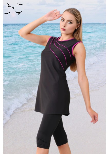 Biyeli Likralı Sıfır Kollu Yarı Kapalı Tesettür Mayo