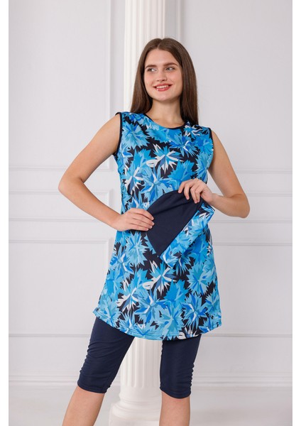 Lacivert Desenli Kolsuz Likralı Yarı Kapalı Kadın Tesettür Mayo Takım modelleri