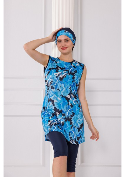 Lacivert Desenli Kolsuz Likralı Yarı Kapalı Kadın Tesettür Mayo Takım