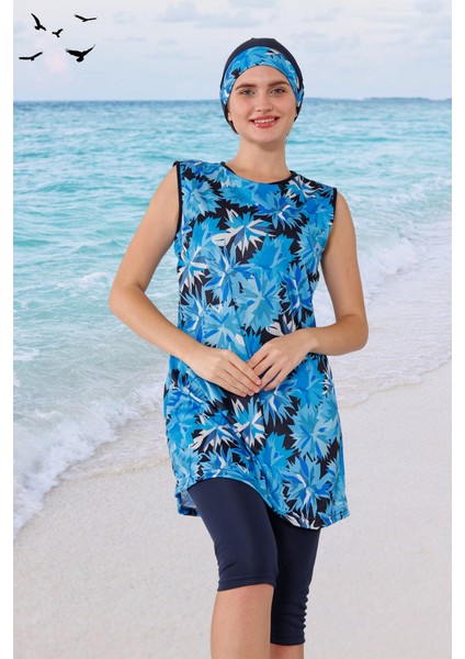 Lacivert Desenli Kolsuz Likralı Yarı Kapalı Kadın Tesettür Mayo Takım