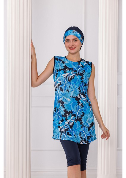 Lacivert Desenli Kolsuz Likralı Yarı Kapalı Kadın Tesettür Mayo Takım fırsatları