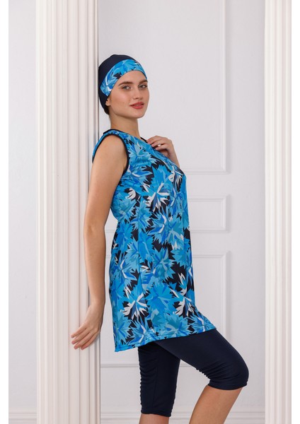 Lacivert Desenli Kolsuz Likralı Yarı Kapalı Kadın Tesettür Mayo Takım indirimleri