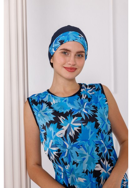 Lacivert Desenli Kolsuz Likralı Yarı Kapalı Kadın Tesettür Mayo Takım