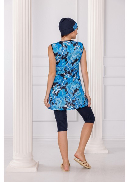 Lacivert Desenli Kolsuz Likralı Yarı Kapalı Kadın Tesettür Mayo Takım