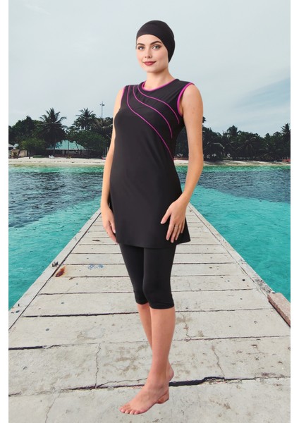 Biyeli Likralı Sıfır Kollu Yarı Kapalı Tesettür Mayo fiyatları