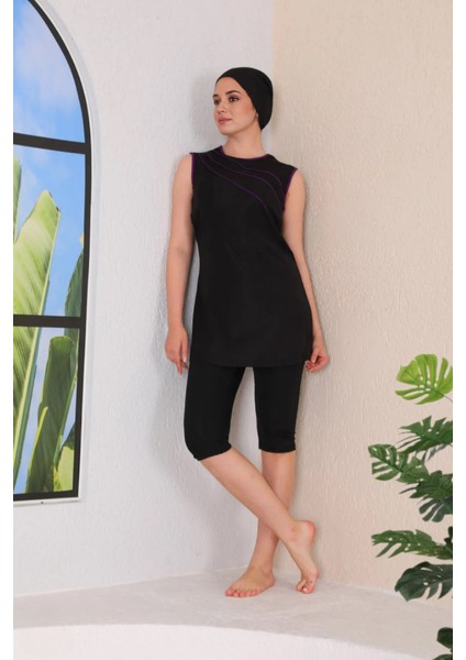 Biyeli Likralı Sıfır Kollu Yarı Kapalı Tesettür Mayo indirimleri