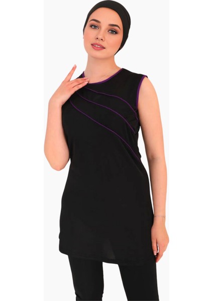 Biyeli Likralı Sıfır Kollu Yarı Kapalı Tesettür Mayo