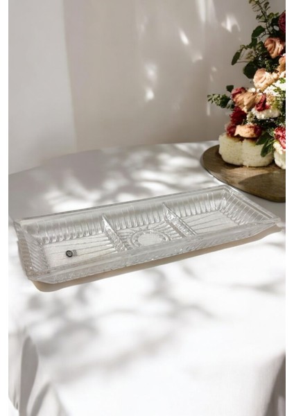 Linea Model 3 Bölmeli El Yapımı Cam Sunumluk & Kek Kurabiye Pasta Tatlı Yemek Sunumluğu Diktörtgen fırsatları