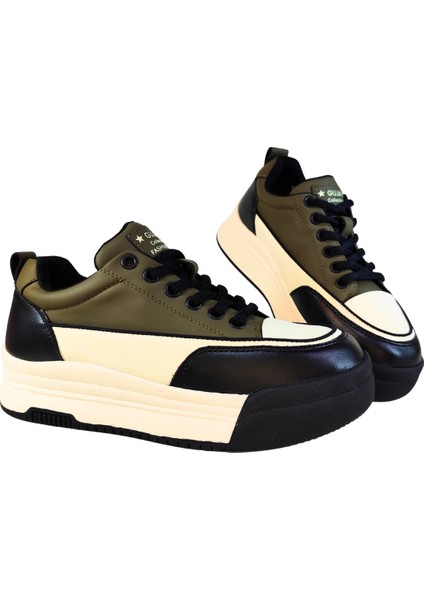 Kadın Deri Sneaker Çift Renkli Bağcık Kapamalı Yüksek Taban Günlük Ayakkabı