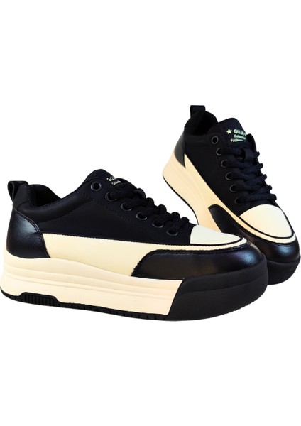Kadın Deri Sneaker Çift Renkli Bağcık Kapamalı Yüksek Taban Günlük Ayakkabı