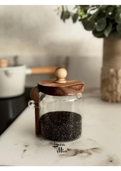 Akasya Kapaklı Kaşıklı Cam Kavanoz 450ML