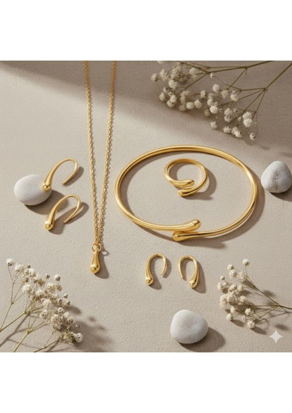 Altın Kaplama Gold 4 Lü Set Kolye Küpe Bileklik Yüzük