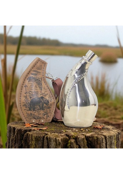 Orman Ruhlu Deri Kılıflı Avcı Matarası Vip Kamp Uyumlu Orta Çağ Görünüm