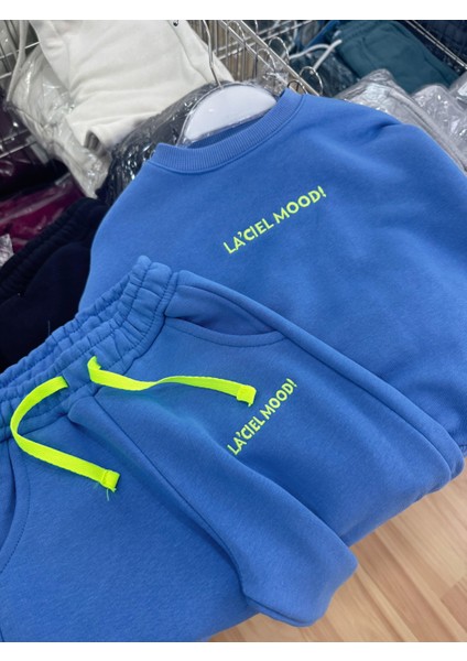 Unisex Çocuk Pamuklu Mavi Oversize Sweatshirt Eşofman Alt Takım - Neon Detaylı modelleri