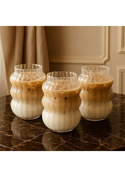 Dalgalı Desenli Şeffaf Cam Bardak 3’lü Set – Soğuk ve Sıcak Içecek Bardağı