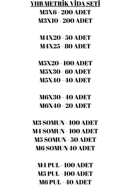 1551 Parça 17 Çeşit (M3,m4,m5,m6) Ysb Metrik Vida, Somun, Pul Seti, Mobilya Kulp Vidası fiyatları