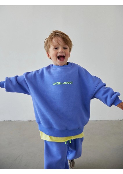 Unisex Çocuk Pamuklu Mavi Oversize Sweatshirt Eşofman Alt Takım - Neon Detaylı