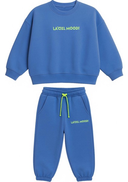 Unisex Çocuk Pamuklu Mavi Oversize Sweatshirt Eşofman Alt Takım - Neon Detaylı fiyatları