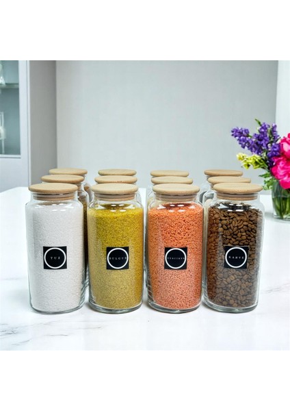 12'li Ahşap Vakum Kapaklı 1400 ml Cam Saklama Kavanozu Erzak Seti Bakliyat Etiketi Hediyeli fiyatları
