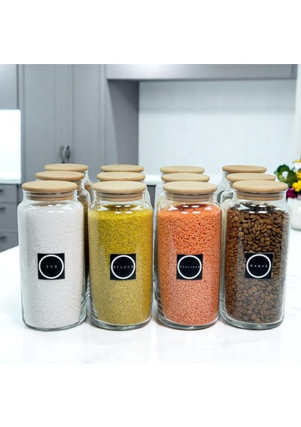 12'li Ahşap Vakum Kapaklı 1400 ml Cam Saklama Kavanozu Erzak Seti Bakliyat Etiketi Hediyeli indirimleri