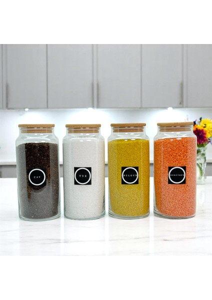 12'li Ahşap Vakum Kapaklı 1400 ml Cam Saklama Kavanozu Erzak Seti Bakliyat Etiketi Hediyeli
