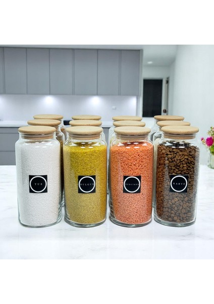 12'li Ahşap Vakum Kapaklı 1400 ml Cam Saklama Kavanozu Erzak Seti Bakliyat Etiketi Hediyeli