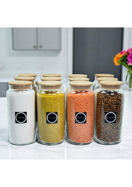 12'li Ahşap Vakum Kapaklı 1400 ml Cam Saklama Kavanozu Erzak Seti Bakliyat Etiketi Hediyeli